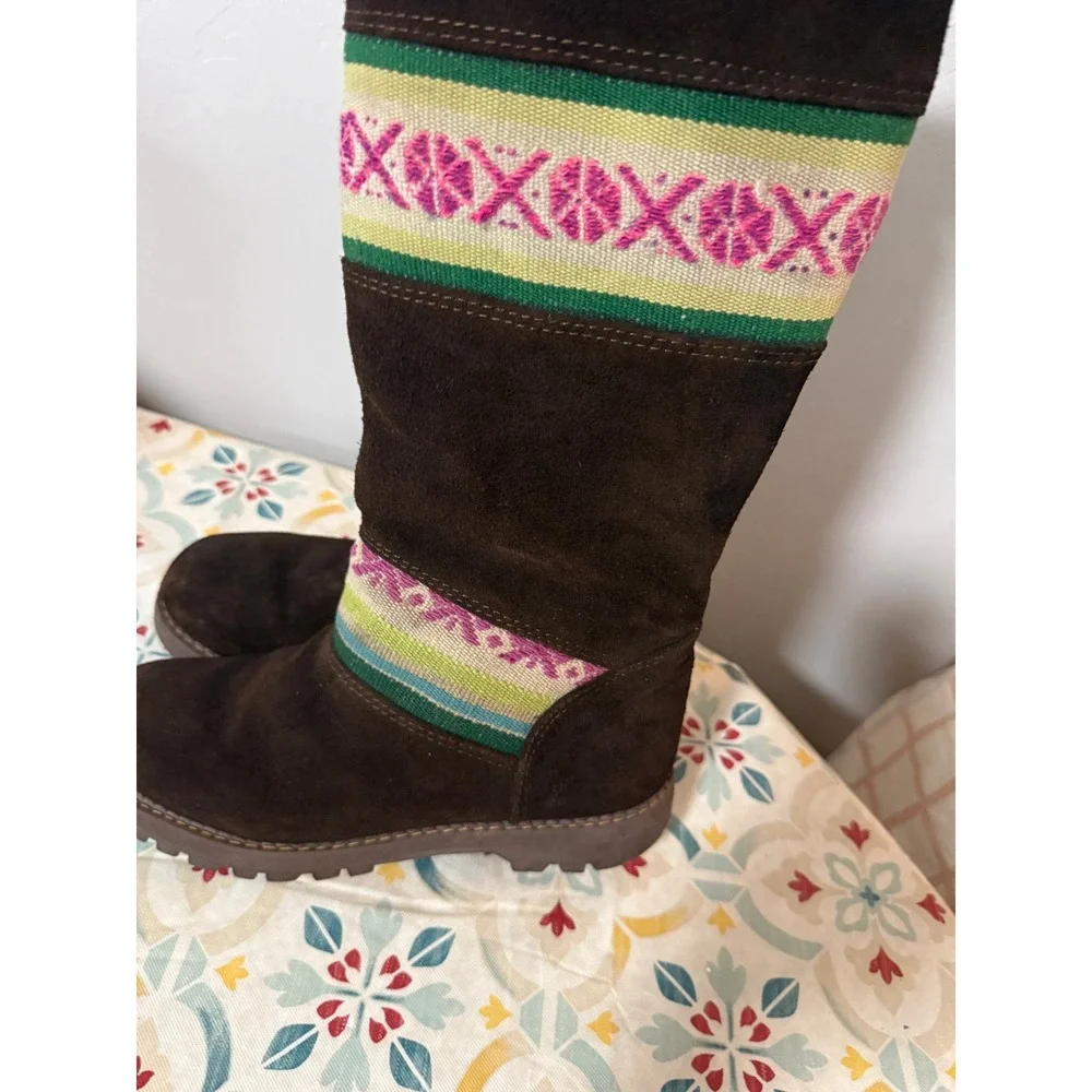 CAT Caterpillar Boho Walking Machines Brown Suede Boho Woven Tall Boots Womens 7